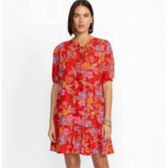 Johnny Was Red Whimsical Hibiscus Pleated Yoke Dress XS - Picture 1 of 8
